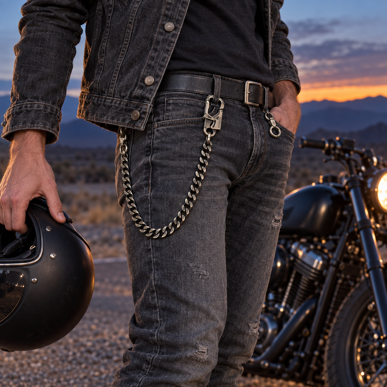 Gunmetal wallet chain links and carabiner detail