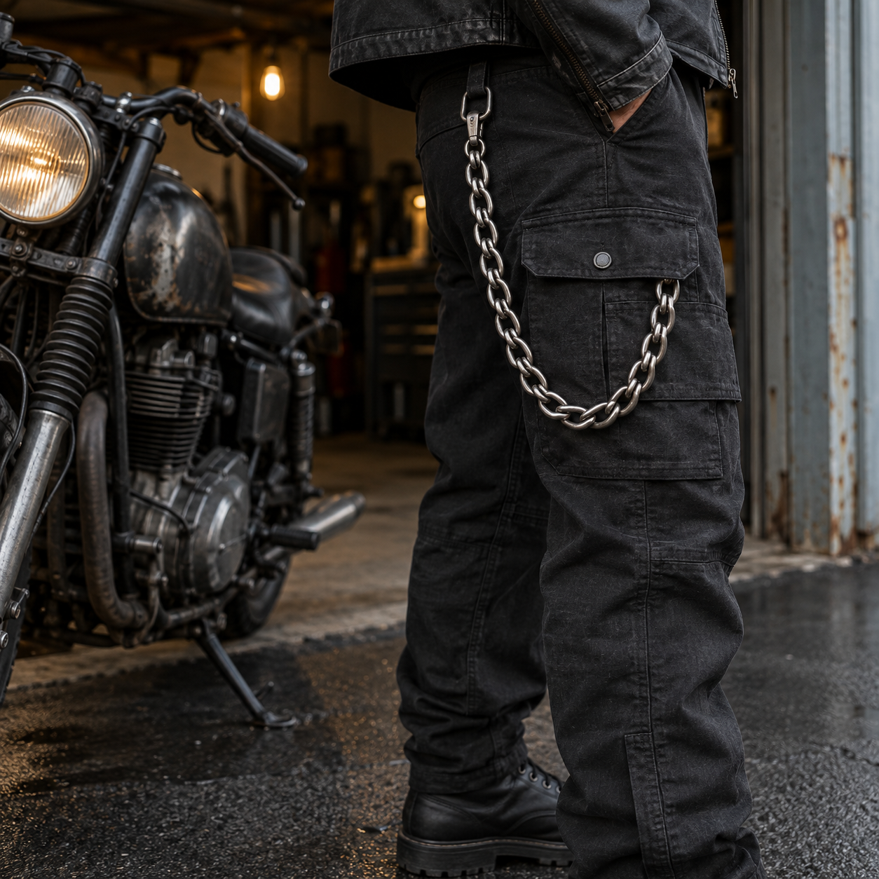Black wallet chain next to a motorcycle