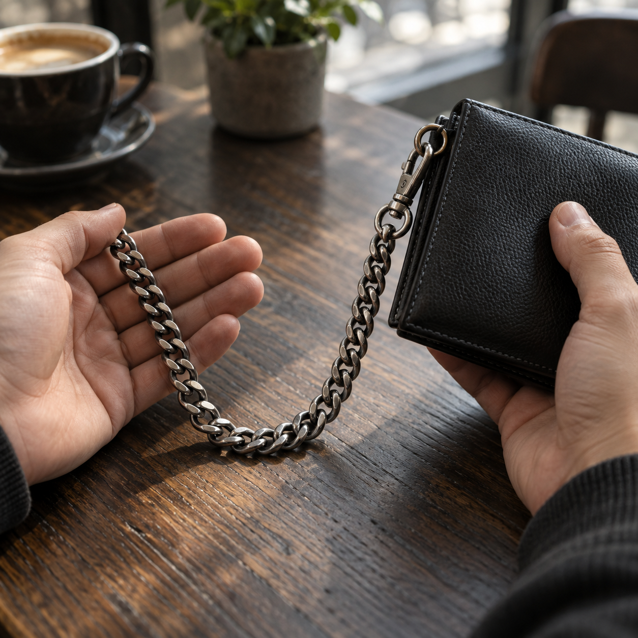 A black wallet and chain held over a wooden table